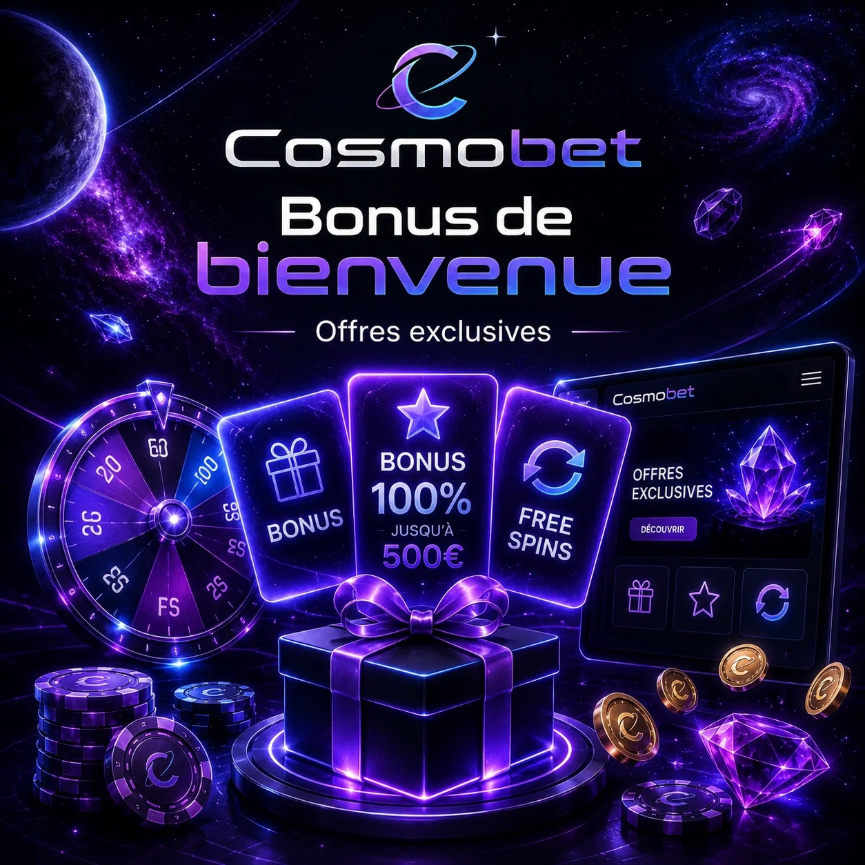 Bonus de bienvenue Cosmobet avec ambiance casino cosmique