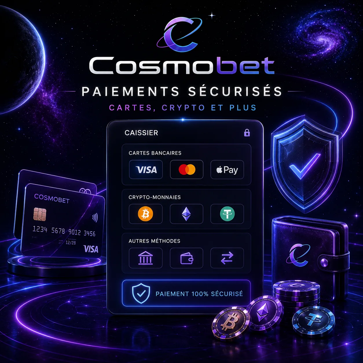 Paiements sécurisés Cosmobet avec cartes, wallets et crypto