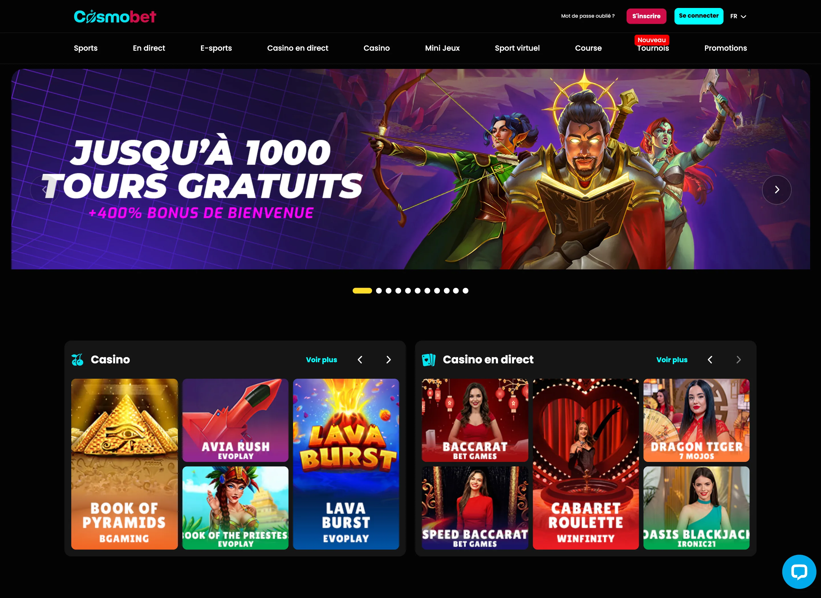 Lobby Cosmobet Casino France avec navigation casino, bonus et jeux en ligne
